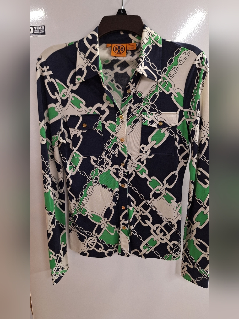 Tory Burch Navy, Green & Ivory Chain-Print Blouse